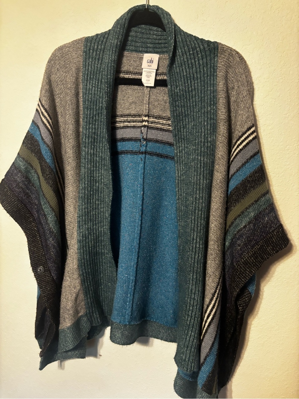 CAbi Striped Knit Poncho Size XS/S Teal Gray Shawl Collar Style 3846